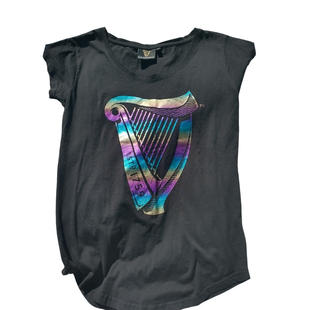 Guinness Black T-Shirt Holographic Foil Harp Ireland Beer Graphic Tee